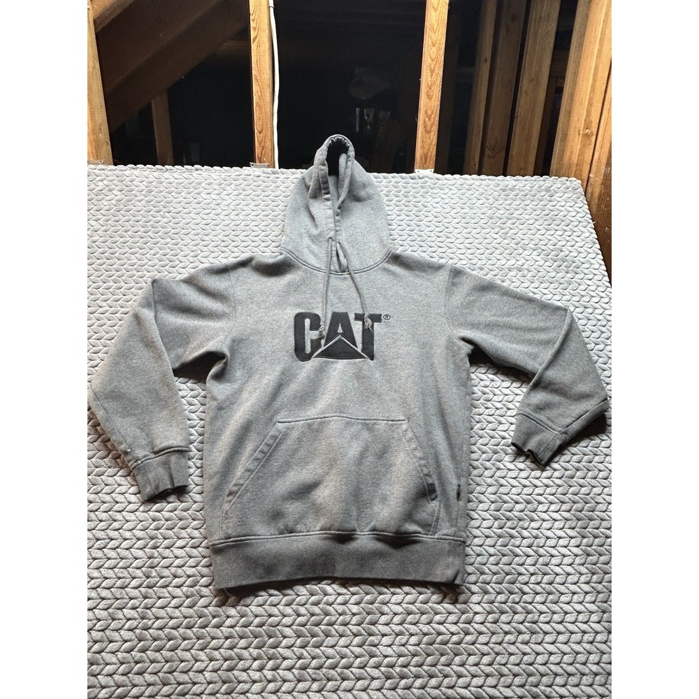 CAT Caterpillar Gray Hoodie Size L Embroidered Logo Fleece Workwear Pullover